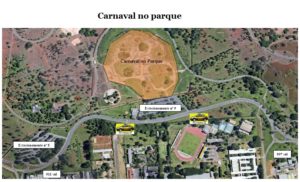 #pracegover mapa de interestacionamento 9 do Parque da Cidade ficará interditado das 14h de sábado (23) às 2h de domingo (24), em razão do evento Carnaval do Parque, que acontecerá na Praça das Fontes